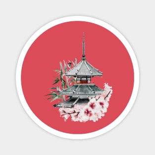 Japanese Painting of Beautiful Pagoda among Cherry Blossoms and Bamboo Magnet